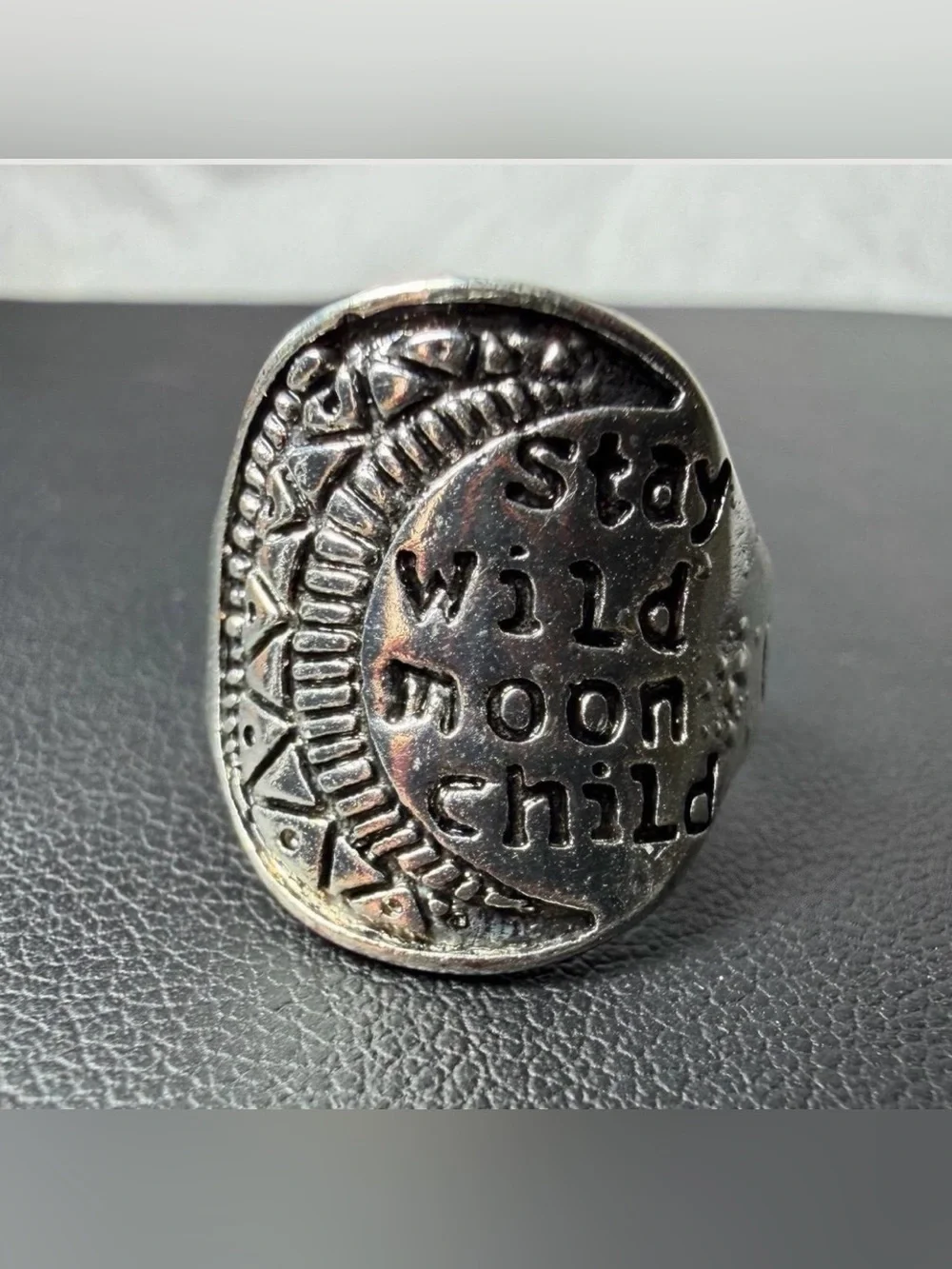 Stay Wild Moon Child 🌙 Celestial Silver Moon Free Spirit Mantra Ring ✨